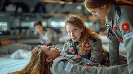 Two young female paramedics in training are focused on practicing emergency resuscitation techniques on a dummy in a simulated environment. Their expressions show concentration and care.