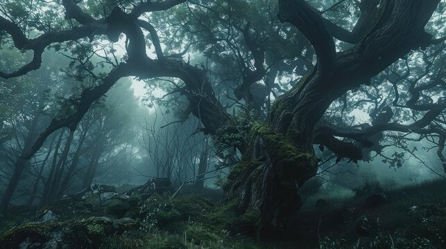 A misty forest shrouded in ethereal fog, with gnarled tree branches reaching towards the heavens in a mystical dance of nature's secrets. 8k, realistic, full ultra HD, high resolution, and cinematic