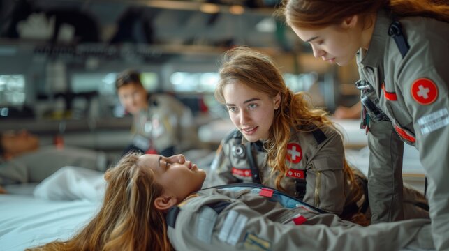 Two young female paramedics in training are focused on practicing emergency resuscitation techniques on a dummy in a simulated environment. Their expressions show concentration and care.