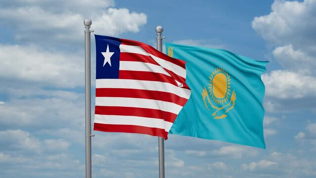 Kazakhstan and Liberia two flags waving together, looped video, two country cooperation concept