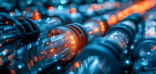 A close up of a bunch of wires with a blue and orange glow