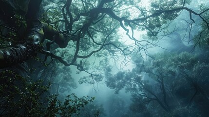 A misty forest shrouded in ethereal fog, with gnarled tree branches reaching towards the heavens in...