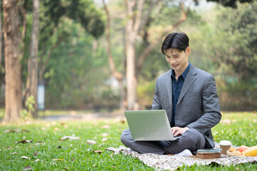 Portrait of smiling businessman using laptop on blanket at public park