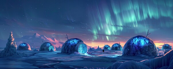 nightscape with glowing dome structures under the majestic dance of the Northern lights. - obrazy, fototapety, plakaty