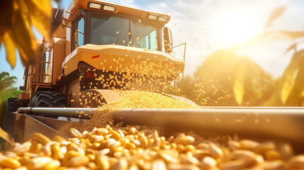 harvester pouring freshly harvested corn maize seeds or soybeans into a container trailer.Agricultural Machinery,