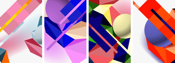 A vibrant textile design featuring a collage of purple, violet, and magenta geometric shapes such as rectangles and triangles, creating an artistic pattern of tints and shades on a white background