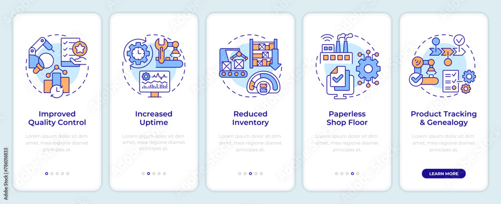 Poster benefits of mes onboarding mobile app screen. quality control. walkthrough 5 steps editable graphic 