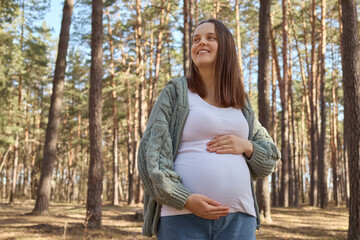 Dreamy expectant mother Caucasian brown haired pregnant woman wearing knitted jumper waking in spring forest embracing her belly looking smiling away enjoying nature