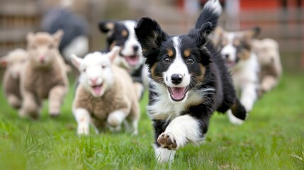 Border collie puppy herding sheep in lush pasture, displaying intelligence and playfulness - obrazy, fototapety, plakaty