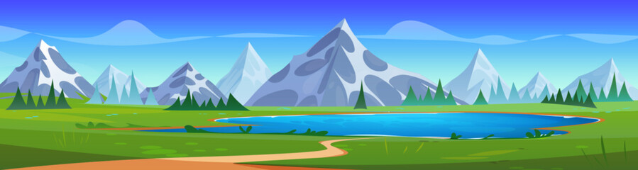Blue lake in mountain valley. Vector cartoon illustration of beautiful alpine scenery with footpath in green grass, clear water under sunny sky with clouds, rocky peaks with glacier on horizon - obrazy, fototapety, plakaty