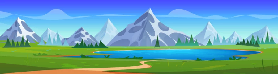  Blue lake in mountain valley. Vector cartoon illustration of beautiful alpine scenery with footpath in green grass, clear water under sunny sky with clouds, rocky peaks with glacier on horizon © klyaksun