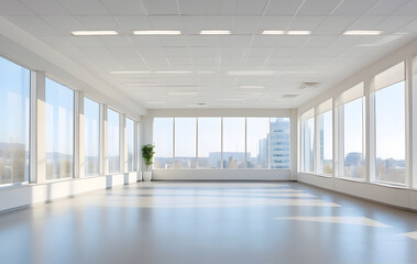 an empty office room with large windows, Blurry Background