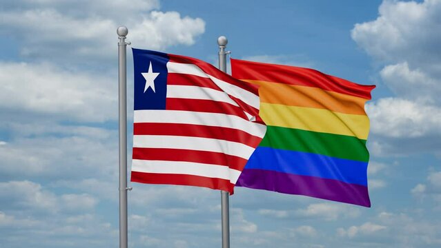 LGBT movement flag also Gay Pride and Liberia two flags waving cycle looped video, tolerance conception in country