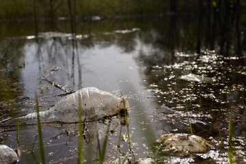 Recyclable garbage. Empty dirty plastic bottle in river or lake environmental pollution