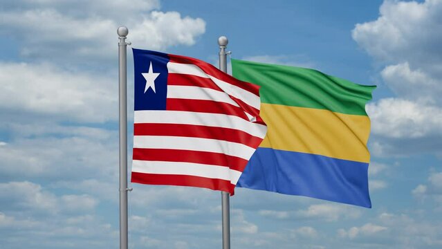 Gabon and Liberia two flags waving together, looped video, two country relations concept