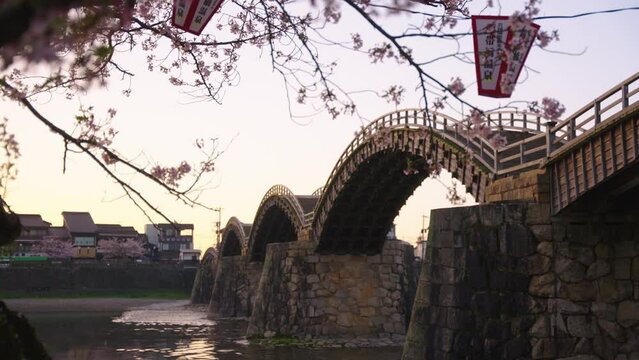 Sunrise in Japan, Spring Festival for Sakura at Iwakuni Kintaikyo Arched Bridge