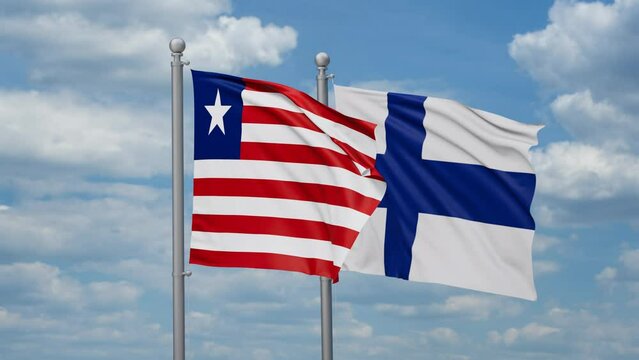 Finland and Liberia two flags waving together, looped video, two country relations concept