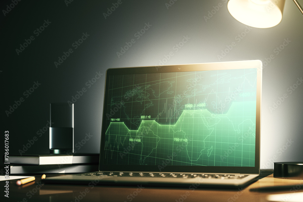 Aufkleber stats data illustration on modern laptop monitor, computing and analytics concept. 3d rendering