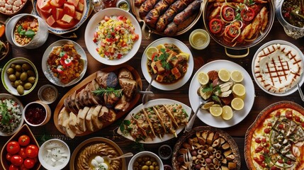 A mosaic of diverse cultural cuisines, from savory dishes to sweet delicacies, each representing the unique flavors and culinary traditions of different regions and peoples. - obrazy, fototapety, plakaty