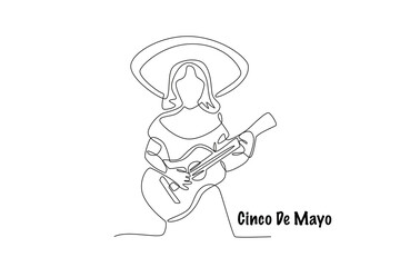 Woman playing music at Cinco De Mayo event. Cinco de mayo concept one-line drawing