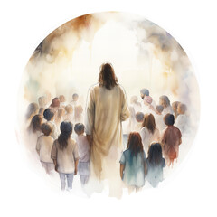 A watercolor illustration of Jesus,  people in the snow