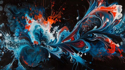 a world of artistic expression with acrylic blue and red colors swirling and intertwining in water, forming captivating ink blots and abstract designs against a velvety black canvas