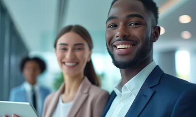 Obraz premium Young smiling diverse cheerful businesswoman and businessman standing close discussing working tasks with tablet during the conference meeting in light contemporary office building smiling at camera