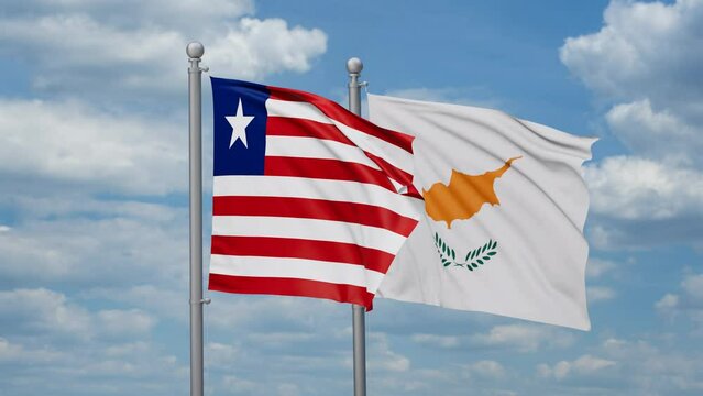 Cyprus and Liberia two flags waving together, looped video, two country relations concept