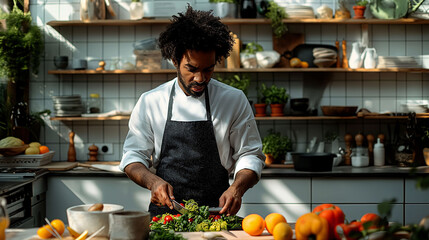 Modern kitchen, with soft colors and recycled kitchen utensils and fresh, local foods. A black man with his apron is focused on preparing food. Sustainable gastronomy concept.