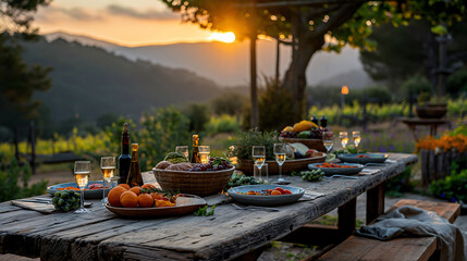 Rustic outdoor table, surrounded by nature, where dishes made with local and seasonal ingredients are served. A country meal is shown that highlights the connection between gastronomy and nature.