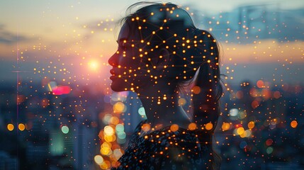 Abstract double exposure closeup portrait of young woman standing with blurred bokeh city with skysrcapers in the background