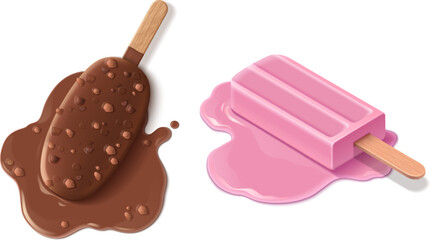 Melted ice cream set isolated on white background. Vector realistic illustration of chocolate with ground nuts and vanilla dessert on wooden stick, sweet sticky puddle, restaurant menu or food design - obrazy, fototapety, plakaty