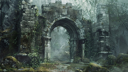old stone gate, ruin kingdom, vin and foliage on the stone entrance 