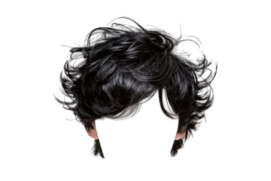 Stylish hair wig with trendy design isolated on background, front view, fashionable hairstyle concept.