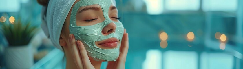 Asian woman at home, applying a nourishing facial mask, enjoying a moment of selfcare 8K , high-resolution, ultra HD,up32K HD - obrazy, fototapety, plakaty