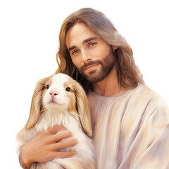 A watercolor illustration of Jesus,  couple with a dog