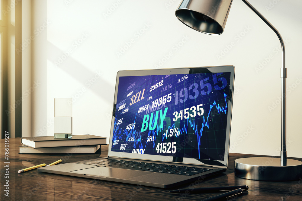 Poster Computer monitor with abstract financial graph, finance and trading concept. 3D Rendering