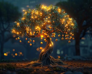 Constant innovation shown as a tree with tech fruits, ever-growing, reaching upwards, new ideas blooming, vibrant and hopeful, 