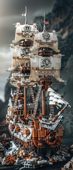 Intricate LEGO pirate ship, complete with cannons and treasure, a swashbuckling creation 8K , high-resolution, ultra HD,up32K HD