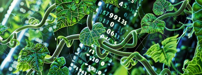 Digital solutions for sustainable chemistry visualized as software code intertwining with green vines, innovation growing alongside nature, harmonious and forward-thinking, 