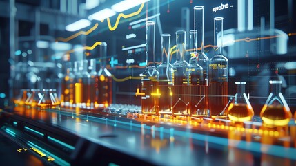 Energy use in chemistry labs visualized as a dynamic graph, smart systems adjusting in real-time for efficiency, vibrant and intelligent, 