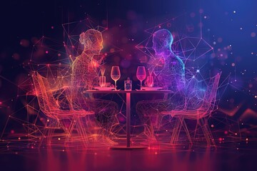 Capture the intimate ambiance of a worms-eye view dinner scene, rendered in striking abstract art style with unexpected camera angles - obrazy, fototapety, plakaty