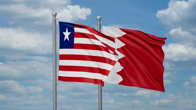 Bahrain and Liberia two flags waving together, looped video, two country relations concept