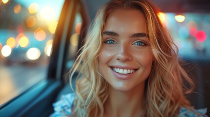 A closeup photo of a blond woman smiling as she rides in the backseat of a taxi, city lights reflecting in the window - obrazy, fototapety, plakaty