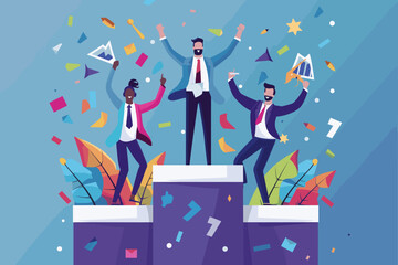 Triumphant Business Professionals Celebrating Success on Winner's Podium, Victorious Colleagues Ranked as Top Performers on Office Success Leaderboard