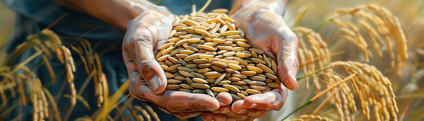 Hands holding a bounty of rice plants, detailed oil painting, textures of grains and fingers highlighted, abundance of harvest, 