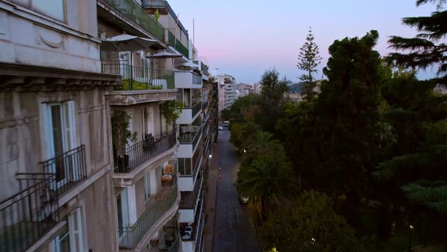Drone flyover close to French-style balconies from Ismael Valdes Vergara street, Fine Arts Neighborhood, Santiago de Chile