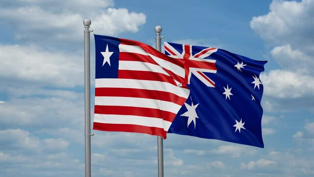 Australia and Liberia two flags waving together, looped video, two country relations concept