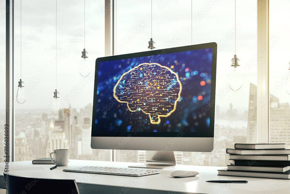 Poster modern computer monitor with creative artificial intelligence symbol. neural networks and machine le