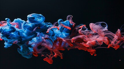 the creative process as acrylic blue and red colors come to life in water, swirling and merging to form captivating ink blots and abstract patterns set against a deep black backdrop - obrazy, fototapety, plakaty